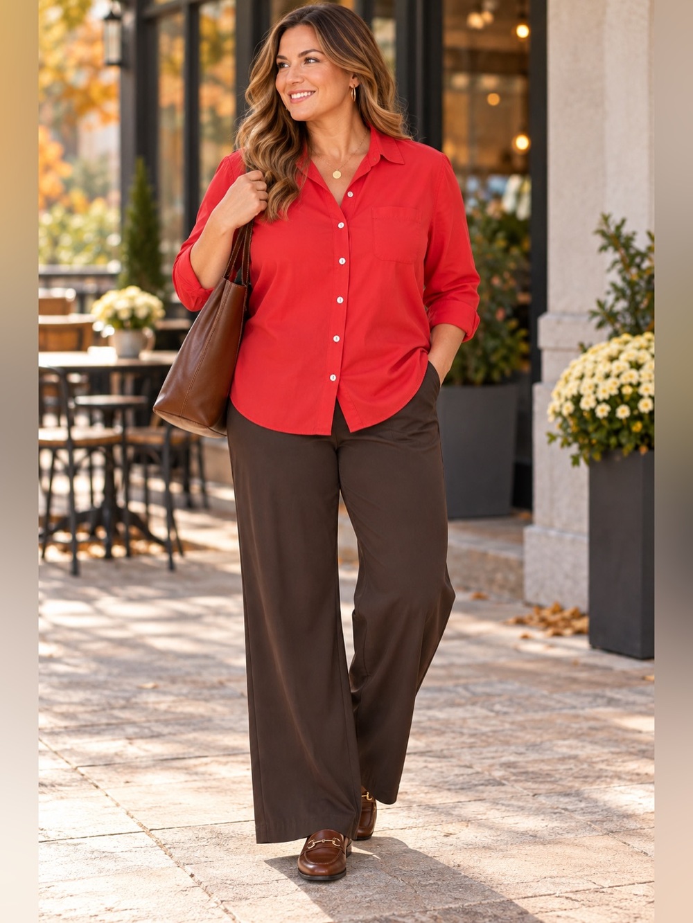 TravelSmith Blouse L Red Button Down Easy Care Travel Work Office Casual Shirt
